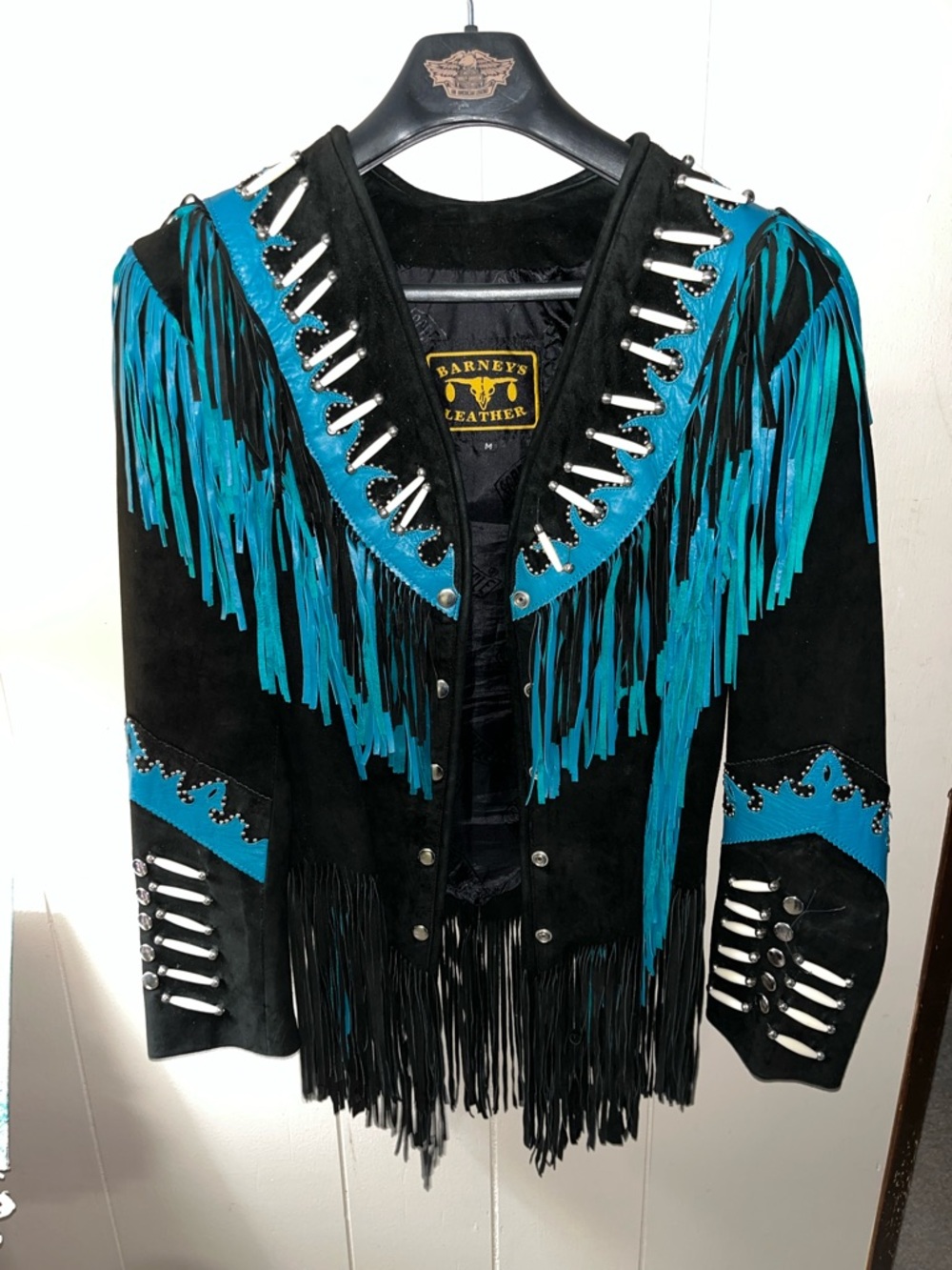 Barneys Leather Black Suede Vest with Turquoise Fringe